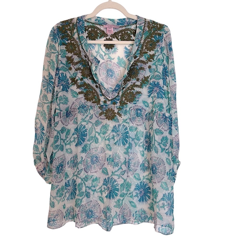 Calypso St Barth Embroidered Silk Sheer Floral Tunic Top Blue White Small Beach